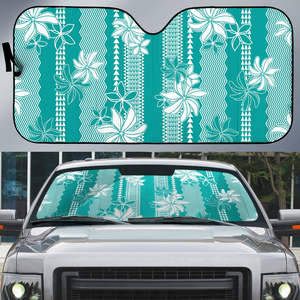 Hawaii Kakau Tribal Auto Sun Shade With Teal Tiare LT05 Teal - Polynesian Pride