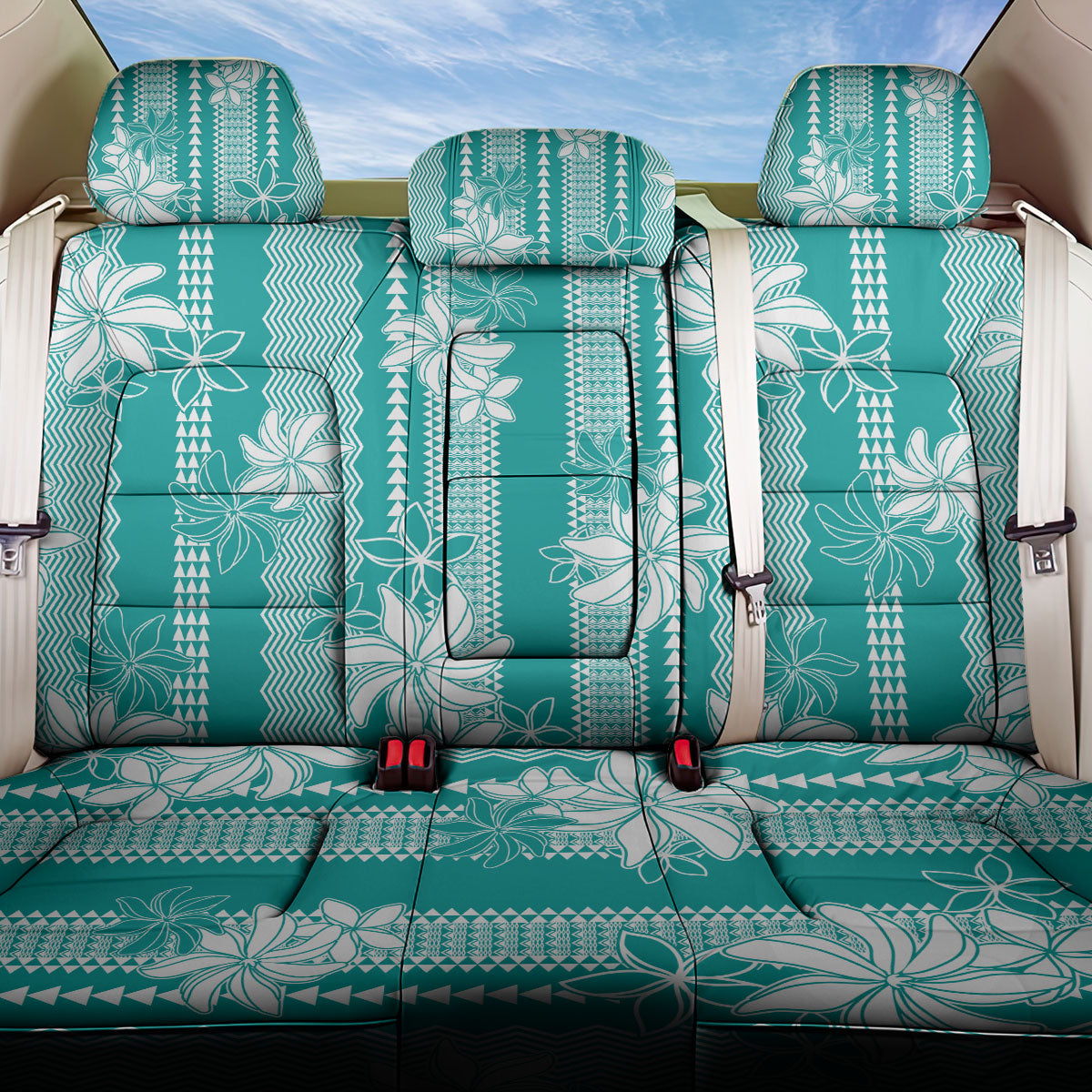 Hawaii Kakau Tribal Back Car Seat Cover With Teal Tiare LT05 One Size Teal - Polynesian Pride