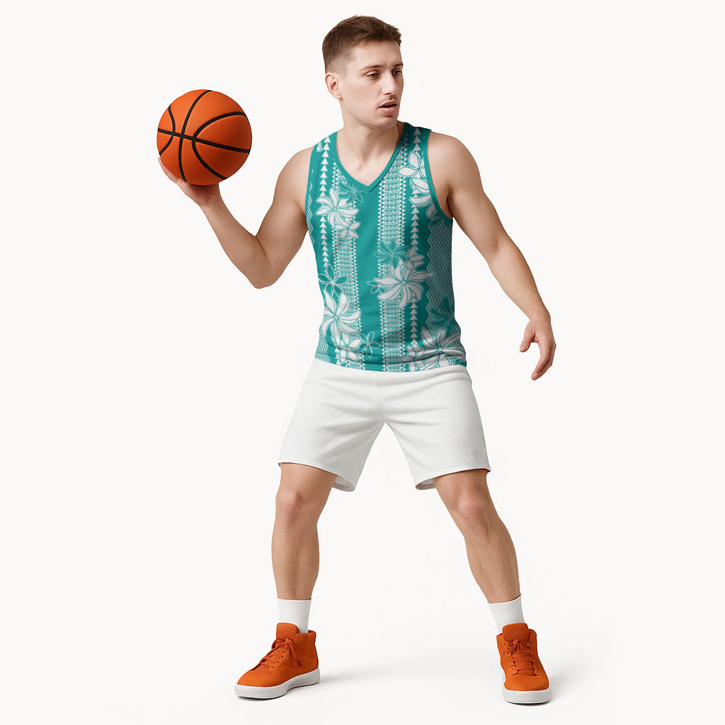 Hawaii Kakau Tribal Basketball Jersey With Teal Tiare