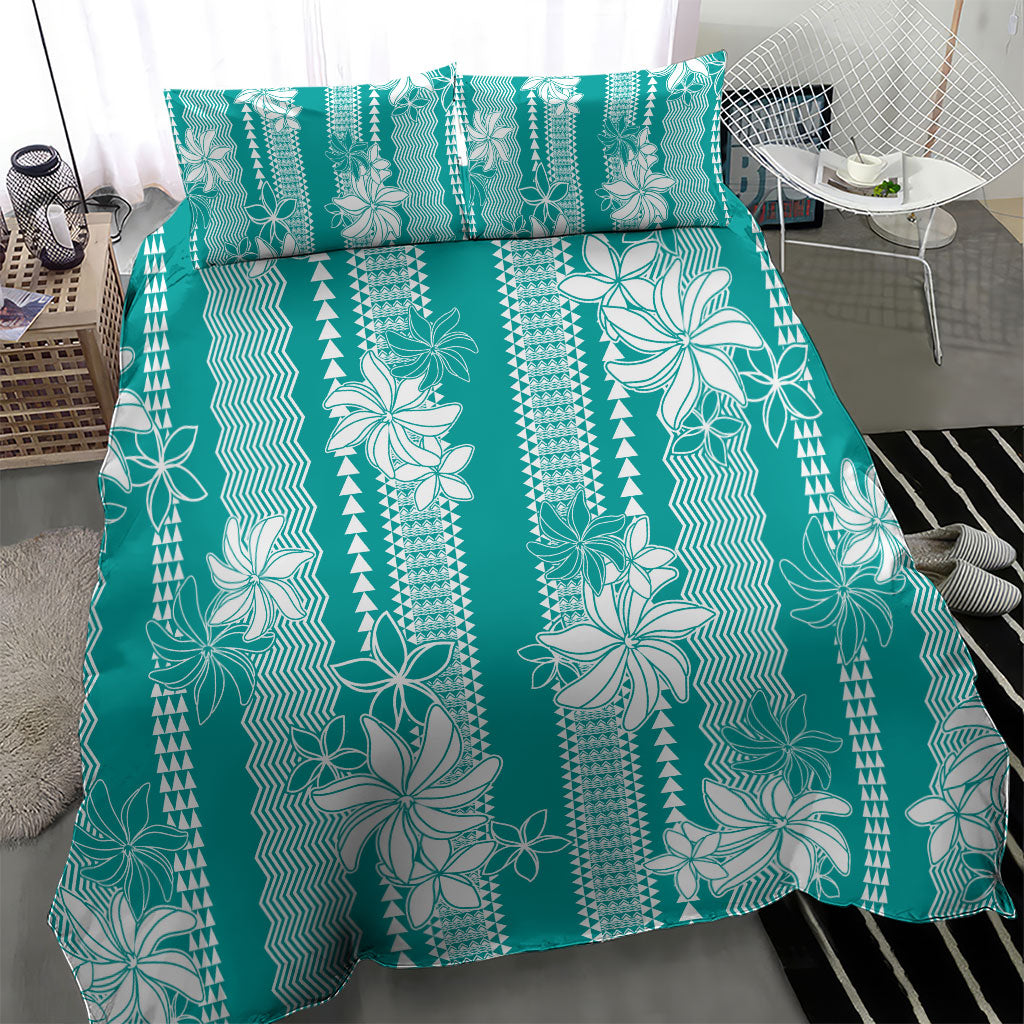 Hawaii Kakau Tribal Bedding Set With Teal Tiare
