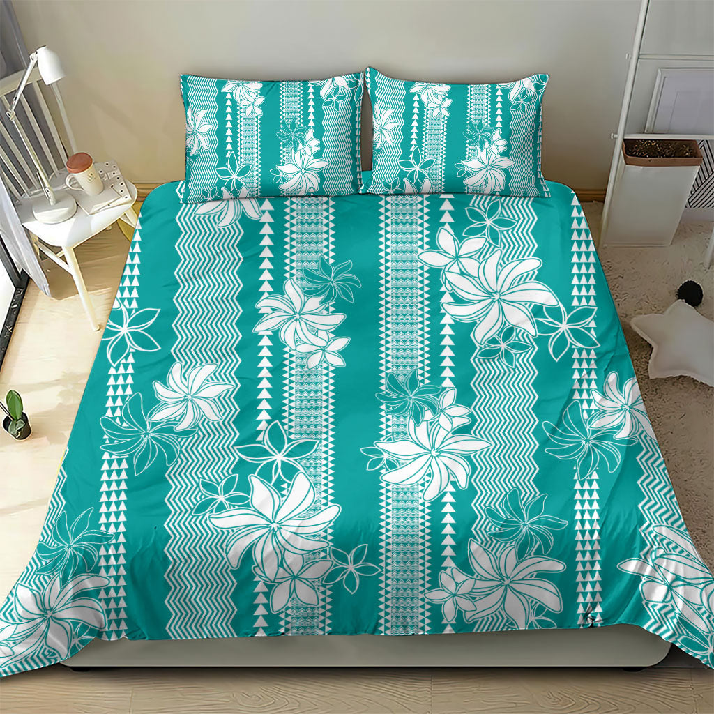 Hawaii Kakau Tribal Bedding Set With Teal Tiare