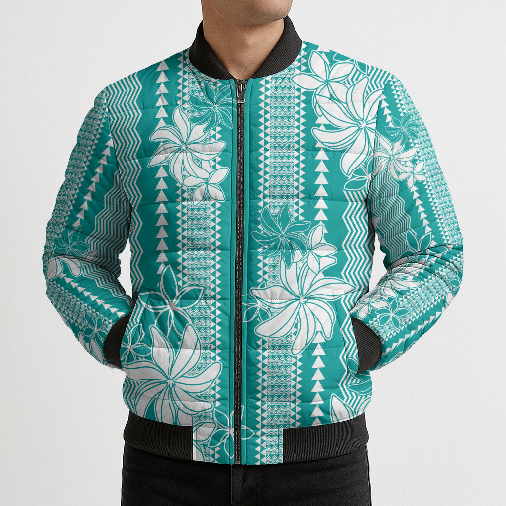 Hawaii Kakau Tribal Bomber Puffer Jacket With Teal Tiare