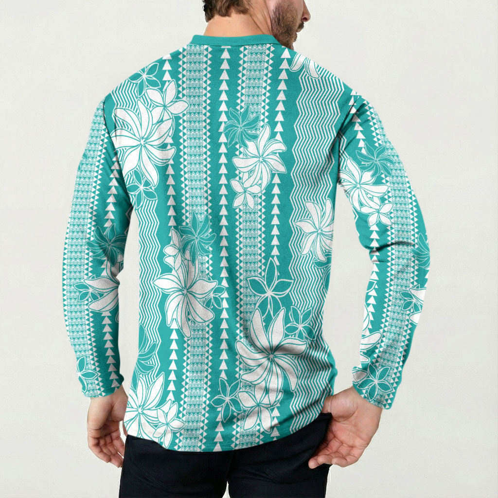 Hawaii Kakau Tribal Button Sweatshirt With Teal Tiare