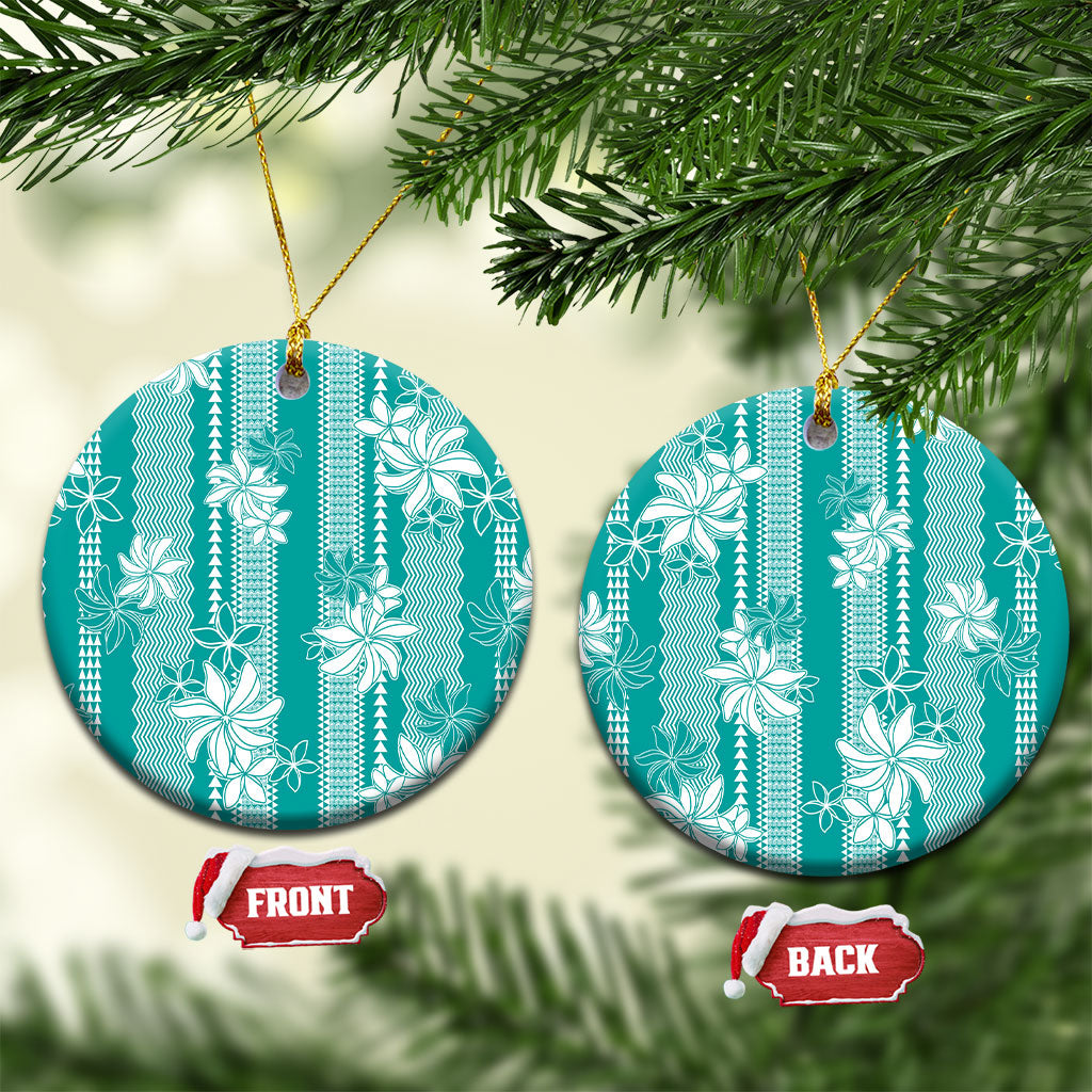 Hawaii Kakau Tribal Ceramic Ornament With Teal Tiare