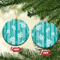 Hawaii Kakau Tribal Ceramic Ornament With Teal Tiare