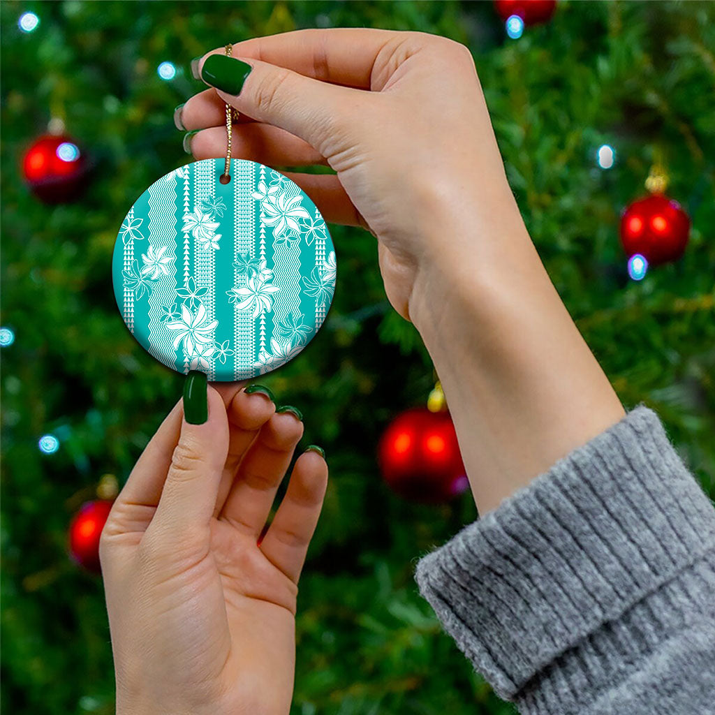 Hawaii Kakau Tribal Ceramic Ornament With Teal Tiare