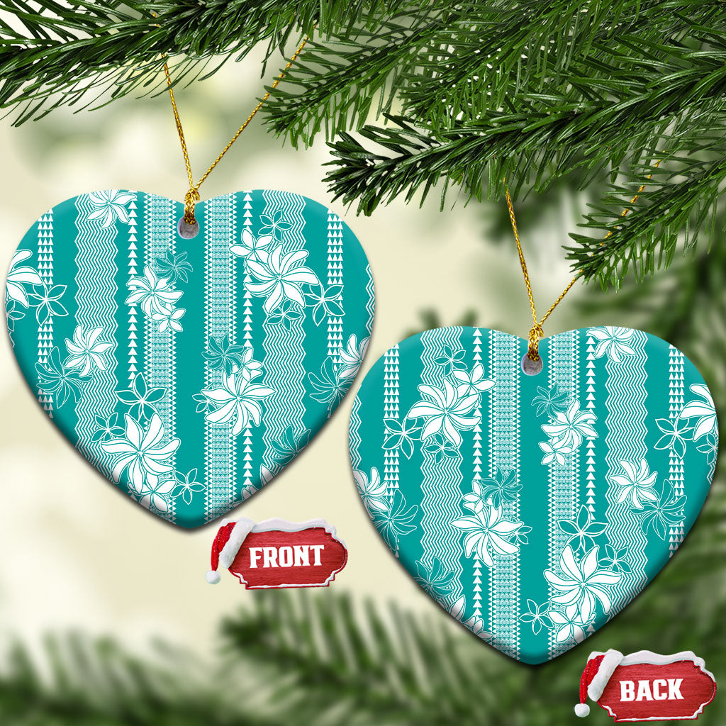 Hawaii Kakau Tribal Ceramic Ornament With Teal Tiare