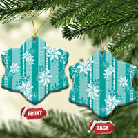 Hawaii Kakau Tribal Ceramic Ornament With Teal Tiare