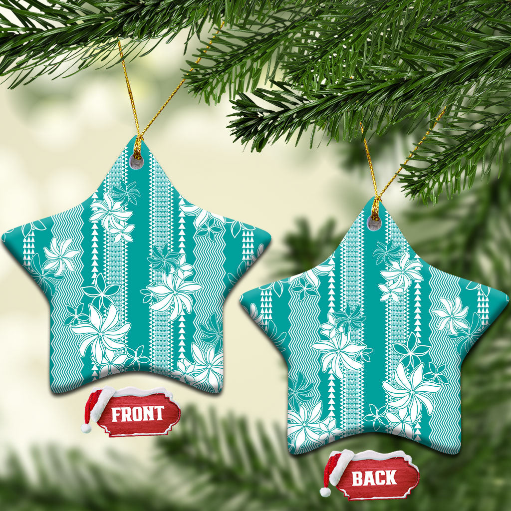 Hawaii Kakau Tribal Ceramic Ornament With Teal Tiare