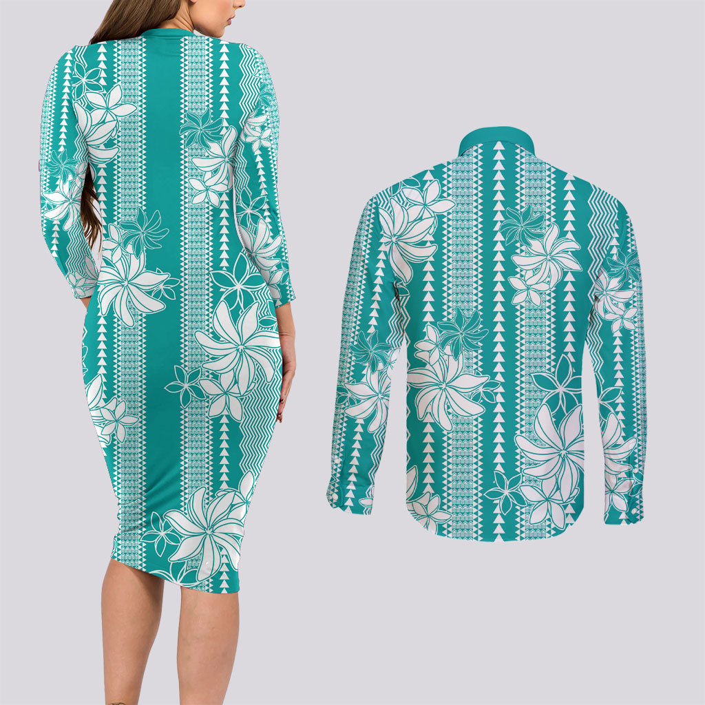 Hawaii Kakau Tribal Couples Matching Long Sleeve Bodycon Dress and Long Sleeve Button Shirt With Teal Tiare