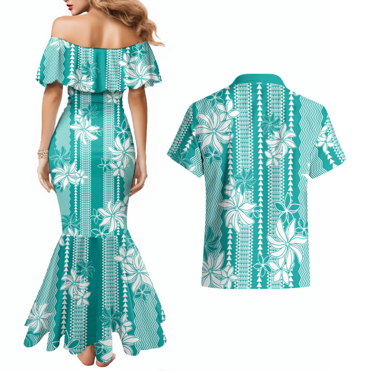 Hawaii Kakau Tribal Couples Matching Mermaid Dress and Hawaiian Shirt With Teal Tiare