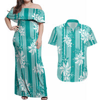 Hawaii Kakau Tribal Couples Matching Off Shoulder Maxi Dress and Hawaiian Shirt With Teal Tiare