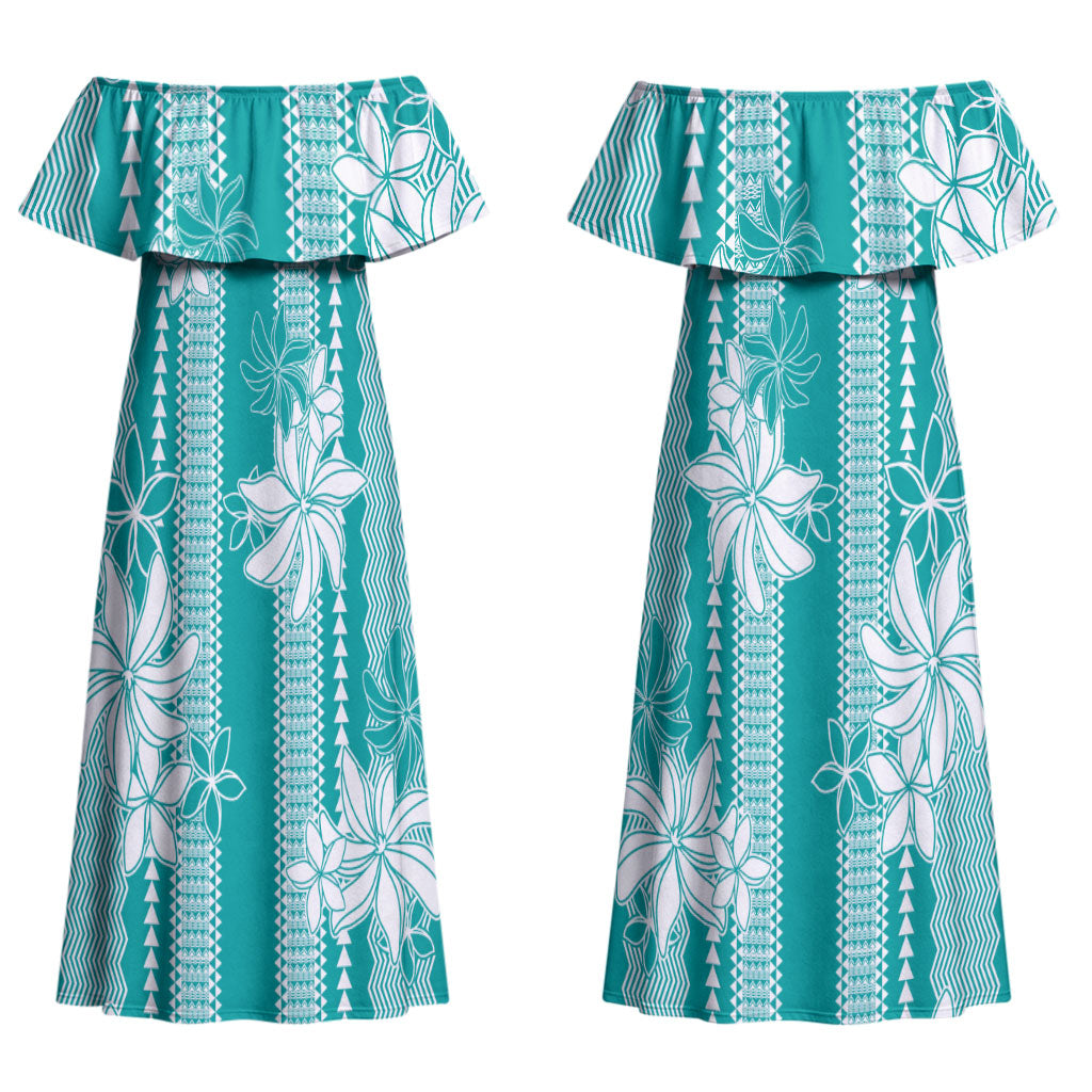 Hawaii Kakau Tribal Couples Matching Off Shoulder Maxi Dress and Hawaiian Shirt With Teal Tiare LT05 - Polynesian Pride