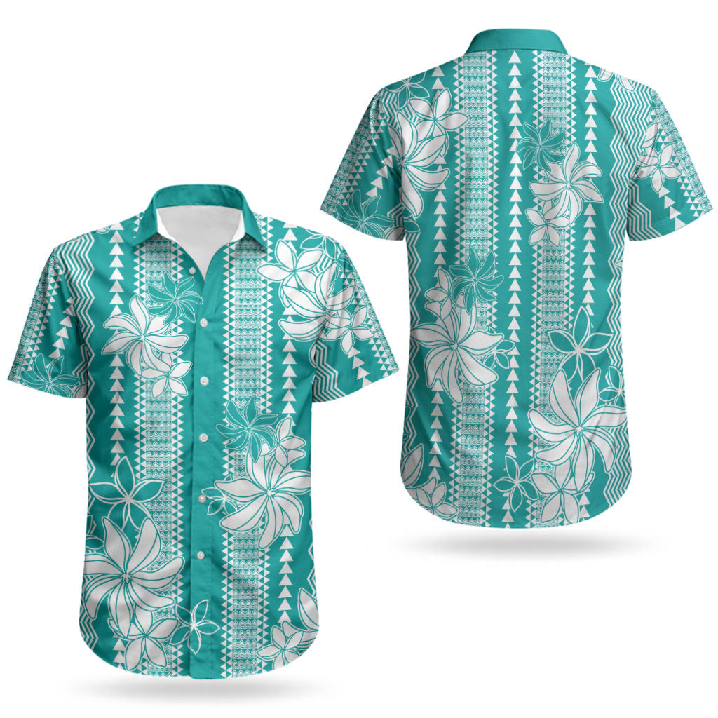 Hawaii Kakau Tribal Couples Matching Off Shoulder Short Dress and Hawaiian Shirt With Teal Tiare LT05 - Polynesian Pride