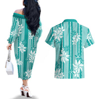 Hawaii Kakau Tribal Couples Matching Off The Shoulder Long Sleeve Dress and Hawaiian Shirt With Teal Tiare
