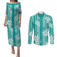 Hawaii Kakau Tribal Couples Matching Puletasi and Long Sleeve Button Shirt With Teal Tiare