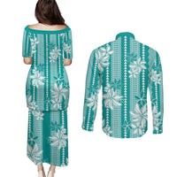 Hawaii Kakau Tribal Couples Matching Puletasi and Long Sleeve Button Shirt With Teal Tiare