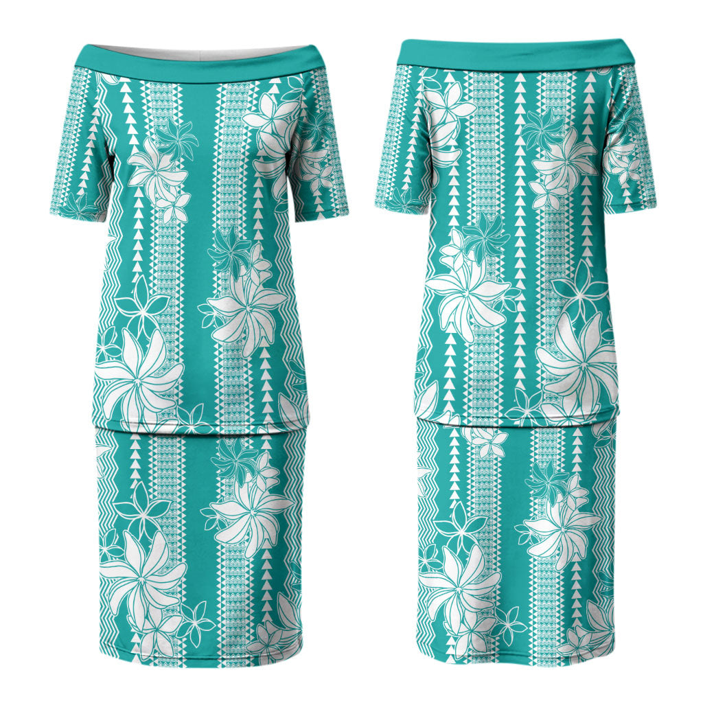 Hawaii Kakau Tribal Couples Matching Puletasi and Long Sleeve Button Shirt With Teal Tiare LT05 - Polynesian Pride