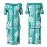 Hawaii Kakau Tribal Couples Matching Puletasi and Long Sleeve Button Shirt With Teal Tiare LT05 - Polynesian Pride