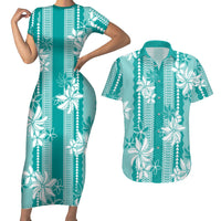 Hawaii Kakau Tribal Couples Matching Short Sleeve Bodycon Dress and Hawaiian Shirt With Teal Tiare LT05 Teal - Polynesian Pride