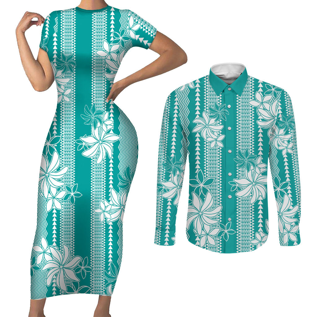Hawaii Kakau Tribal Couples Matching Short Sleeve Bodycon Dress and Long Sleeve Button Shirt With Teal Tiare
