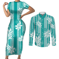 Hawaii Kakau Tribal Couples Matching Short Sleeve Bodycon Dress and Long Sleeve Button Shirt With Teal Tiare