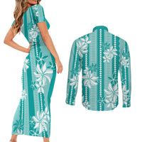 Hawaii Kakau Tribal Couples Matching Short Sleeve Bodycon Dress and Long Sleeve Button Shirt With Teal Tiare