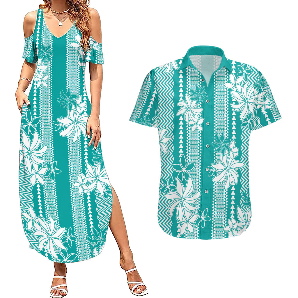 Hawaii Kakau Tribal Couples Matching Summer Maxi Dress and Hawaiian Shirt With Teal Tiare