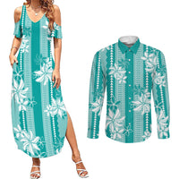 Hawaii Kakau Tribal Couples Matching Summer Maxi Dress and Long Sleeve Button Shirt With Teal Tiare