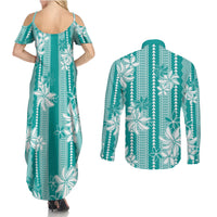 Hawaii Kakau Tribal Couples Matching Summer Maxi Dress and Long Sleeve Button Shirt With Teal Tiare