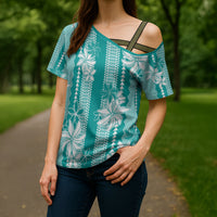 Hawaii Kakau Tribal Cross Shoulder Shirt With Teal Tiare
