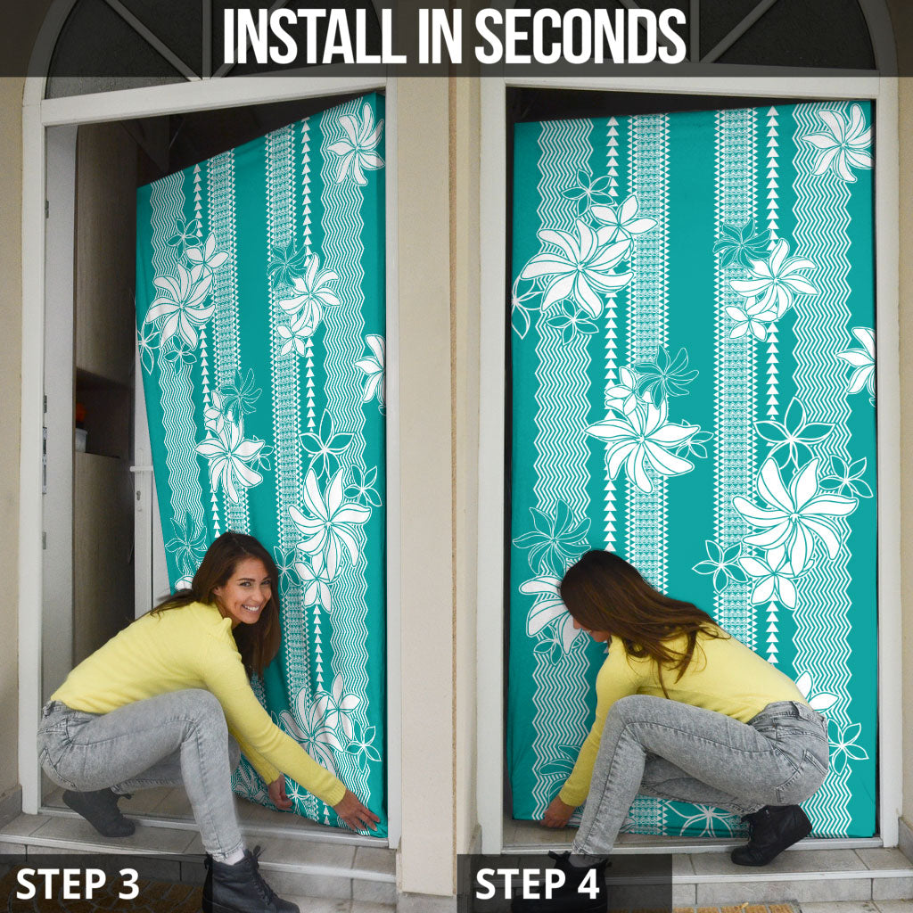 Hawaii Kakau Tribal Door Cover With Teal Tiare