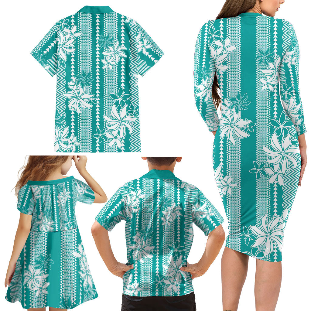 Hawaii Kakau Tribal Family Matching Long Sleeve Bodycon Dress and Hawaiian Shirt With Teal Tiare LT05 - Polynesian Pride