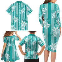 Hawaii Kakau Tribal Family Matching Long Sleeve Bodycon Dress and Hawaiian Shirt With Teal Tiare LT05 - Polynesian Pride