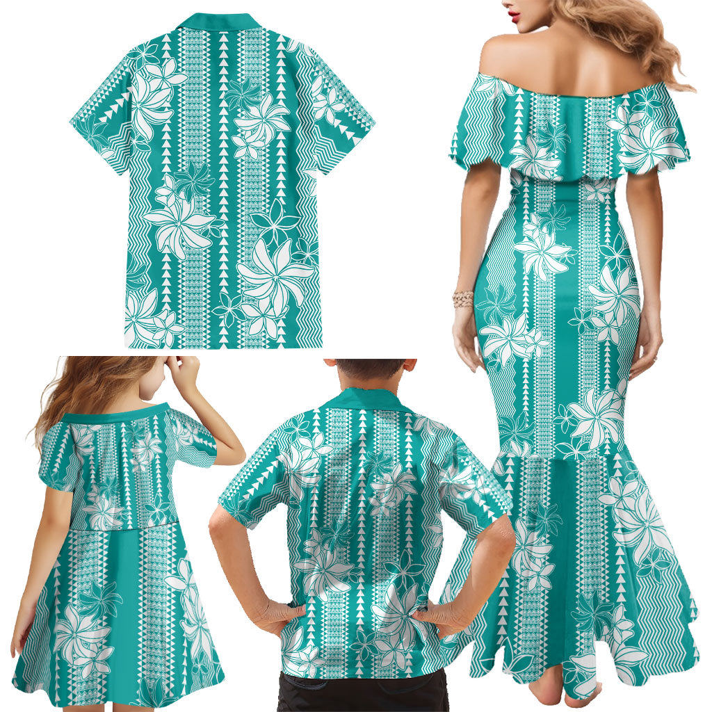 Hawaii Kakau Tribal Family Matching Mermaid Dress and Hawaiian Shirt With Teal Tiare LT05 - Polynesian Pride