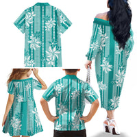 Hawaii Kakau Tribal Family Matching Off The Shoulder Long Sleeve Dress and Hawaiian Shirt With Teal Tiare LT05 - Polynesian Pride