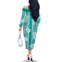 Hawaii Kakau Tribal Family Matching Off The Shoulder Long Sleeve Dress and Hawaiian Shirt With Teal Tiare LT05 - Polynesian Pride