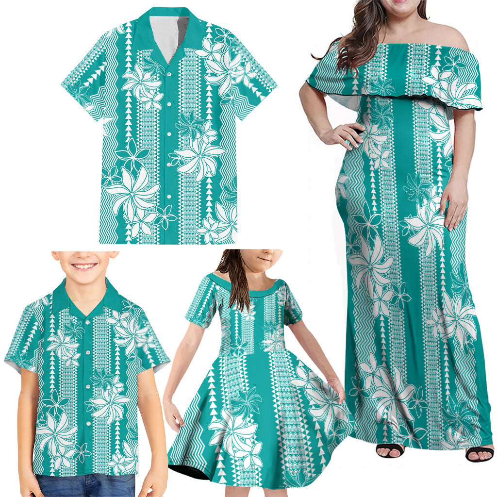 Hawaii Kakau Tribal Family Matching Off Shoulder Maxi Dress and Hawaiian Shirt With Teal Tiare