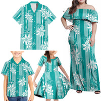 Hawaii Kakau Tribal Family Matching Off Shoulder Maxi Dress and Hawaiian Shirt With Teal Tiare