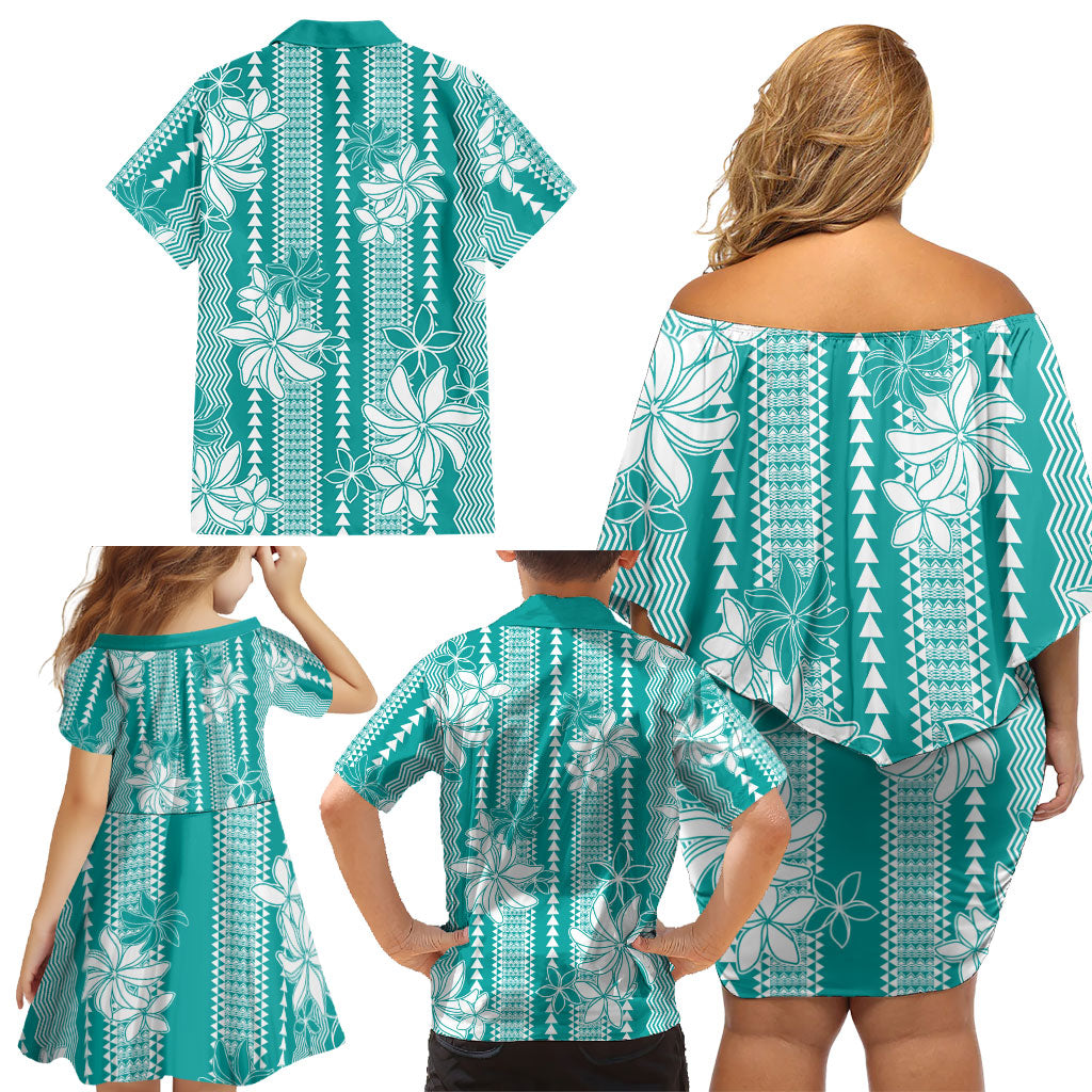 Hawaii Kakau Tribal Family Matching Off Shoulder Short Dress and Hawaiian Shirt With Teal Tiare LT05 - Polynesian Pride