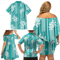 Hawaii Kakau Tribal Family Matching Off Shoulder Short Dress and Hawaiian Shirt With Teal Tiare LT05 - Polynesian Pride