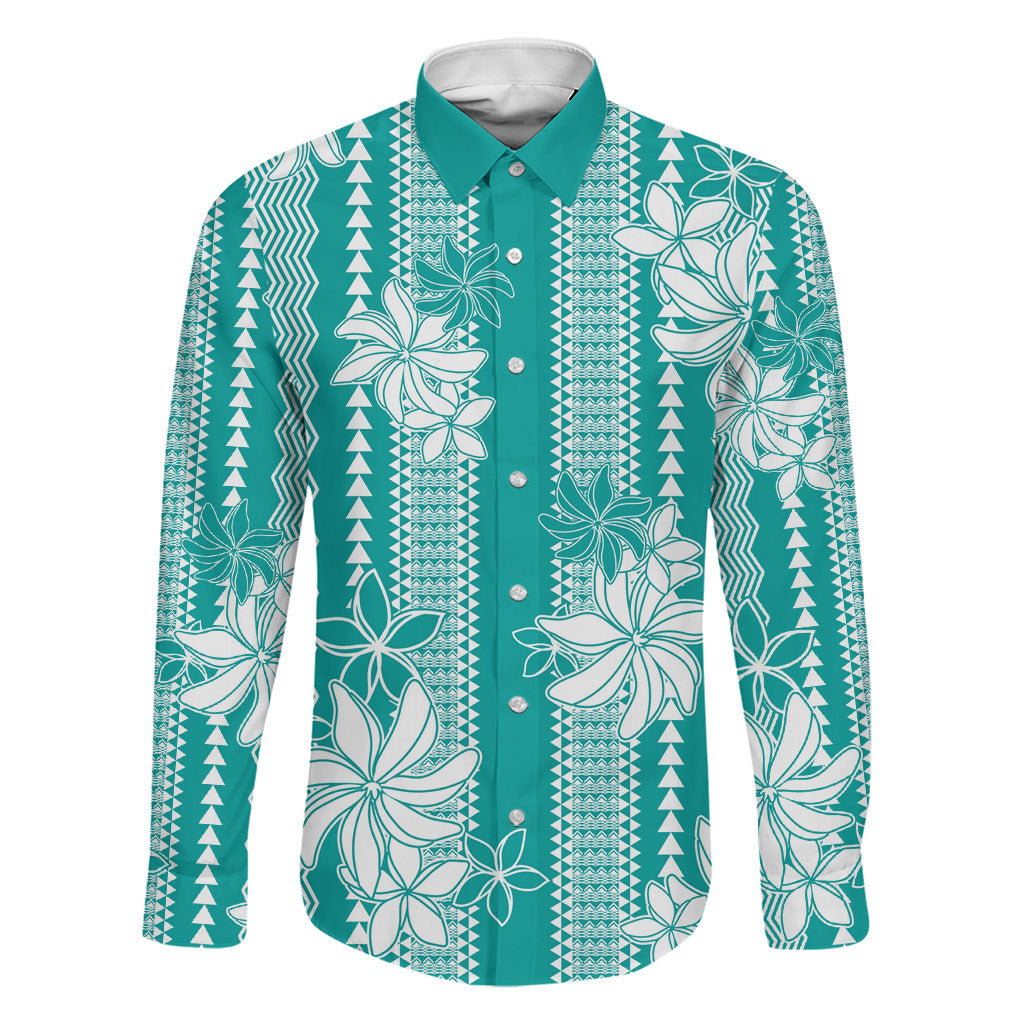 Hawaii Kakau Tribal Family Matching Puletasi and Hawaiian Shirt With Teal Tiare