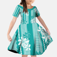 Hawaii Kakau Tribal Family Matching Short Sleeve Bodycon Dress and Hawaiian Shirt With Teal Tiare LT05 Daughter's Dress Teal - Polynesian Pride