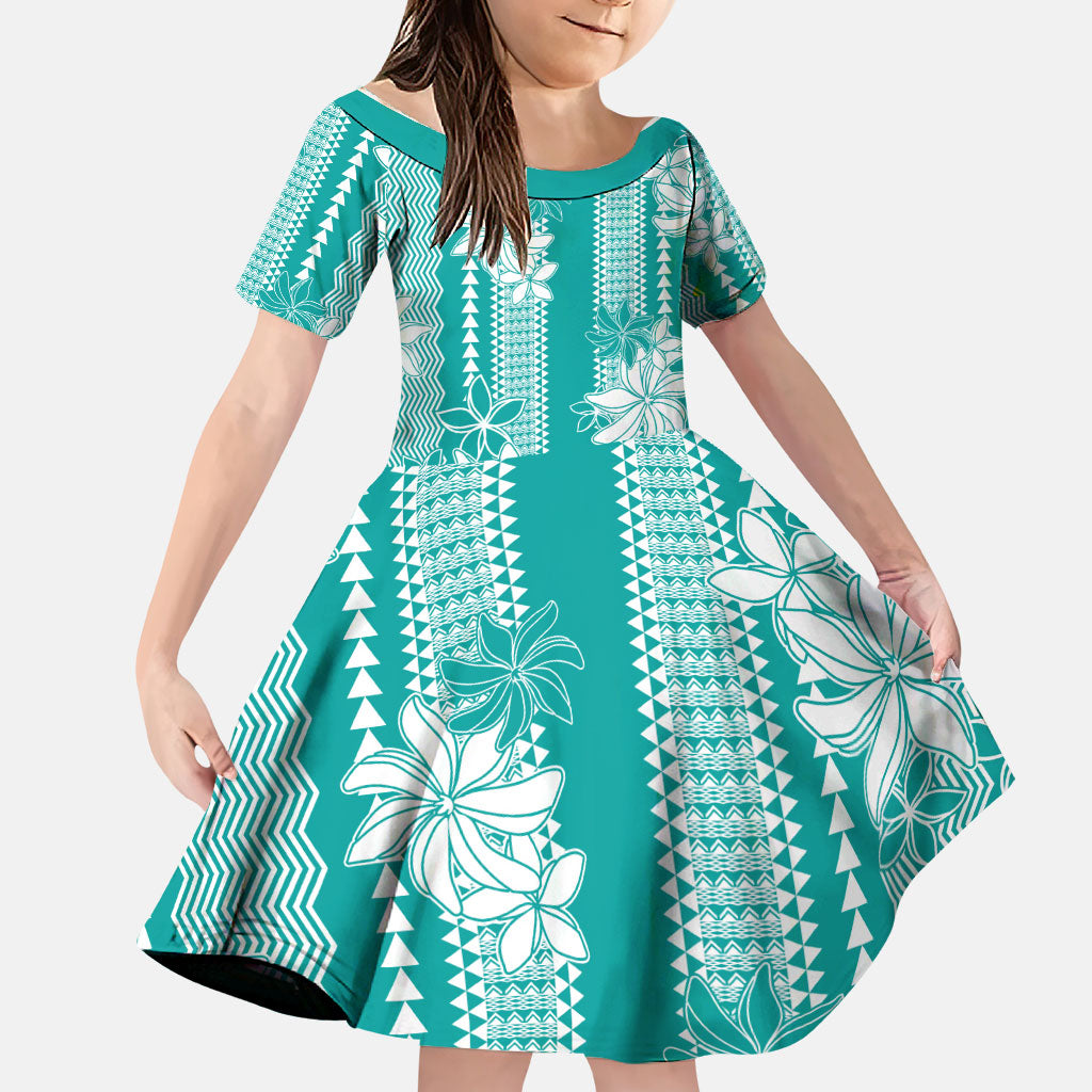 Hawaii Kakau Tribal Family Matching Tank Maxi Dress and Hawaiian Shirt With Teal Tiare LT05 Daughter's Dress Teal - Polynesian Pride