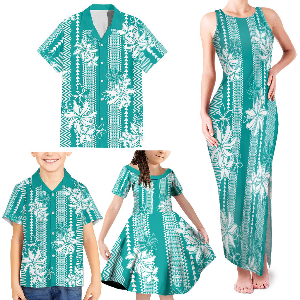 Hawaii Kakau Tribal Family Matching Tank Maxi Dress and Hawaiian Shirt With Teal Tiare LT05 - Polynesian Pride
