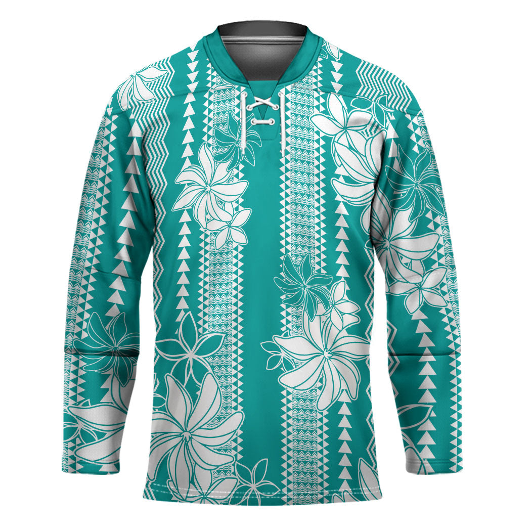 Hawaii Kakau Tribal Hockey Jersey With Teal Tiare LT05 Unisex Teal - Polynesian Pride