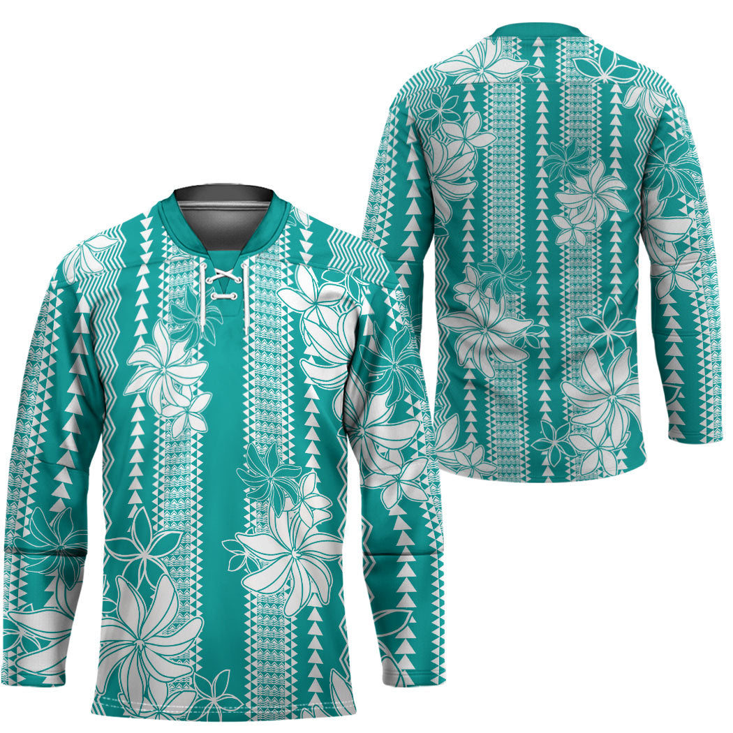 Hawaii Kakau Tribal Hockey Jersey With Teal Tiare