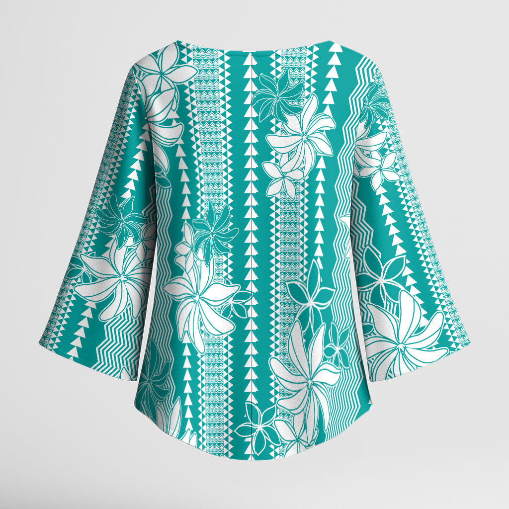Hawaii Kakau Tribal Kimono Sleeve Blouse With Teal Tiare