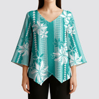 Hawaii Kakau Tribal Kimono Sleeve Blouse With Teal Tiare