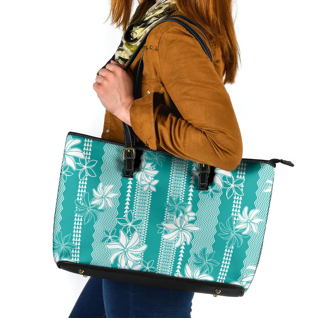 Hawaii Kakau Tribal Leather Tote Bag With Teal Tiare LT05 Teal - Polynesian Pride